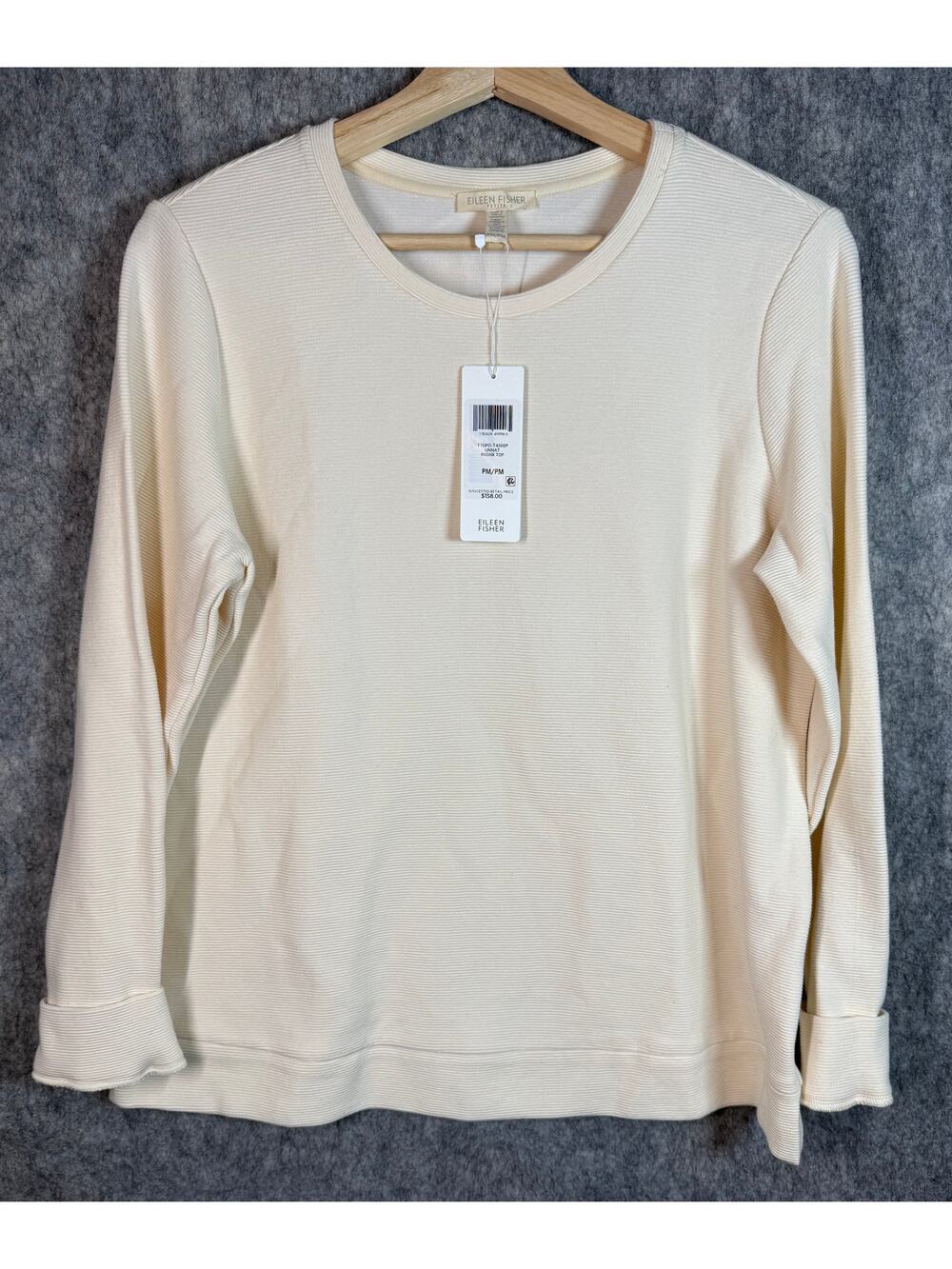 NEW Eileen Fisher Ribbed Knit Unnatural Cream Roundneck Sweater - Petite Med